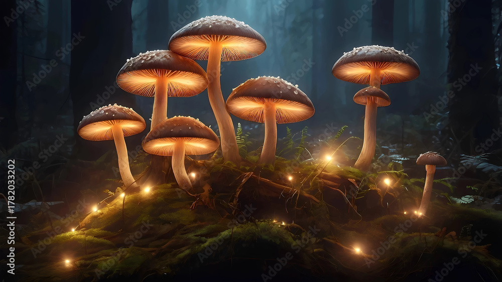 Obraz premium Enchanting forest floor illuminated by bioluminescent mushrooms and ethereal fireflies