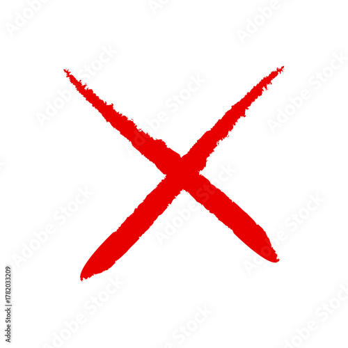 Red hand drawn paint brush cross mark vector sign. Grunge bold red x sign. Draw red cross mark, wrong, cancel, incorrect sign with marker pen or brush effect. Vector illustration.