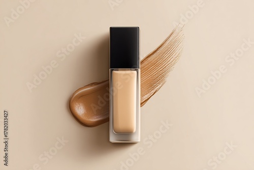 Liquid foundation bottle with black cap and beige makeup swatch smear on neutral background