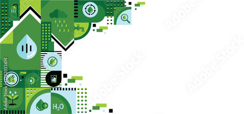 Concept of water saving tips icon infographic. Save water, save earth and go green, environment protection and water afficiency campaign. Vector illustration for web banner background.