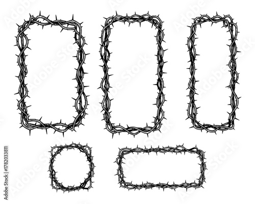 Black Thorn Frame Borders Illustration Vector Set – Gothic Spiked Bramble Frame Collection for Dark Aesthetic Design, Isolated Black And White Silhouette Art