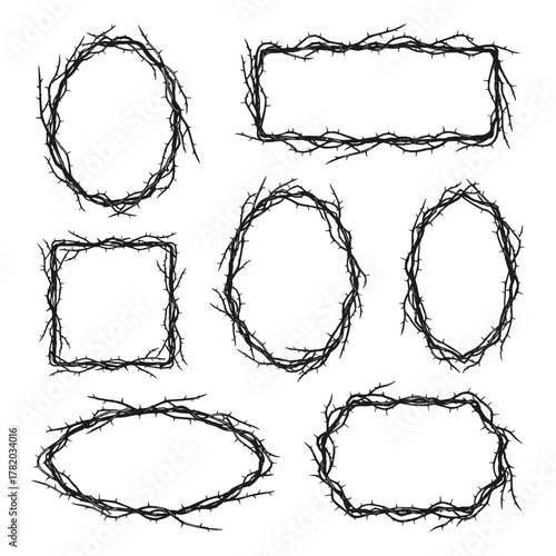 Black Thorn Frame Borders Illustration Vector Set – Gothic Spiked Bramble Frame Collection for Dark Aesthetic Design, Isolated Black And White Silhouette Art