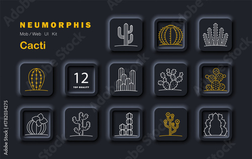 Cacti set icon. Neumorphic icons of various cactus species showing barrel, paddle, saguaro, flowering, and segmented forms in outlined desert plant designs