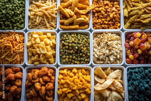 A colorful assortment of various crunchy snacks and dried foods neatly arranged in white square containers showing a variety of shapes, textures, and colors