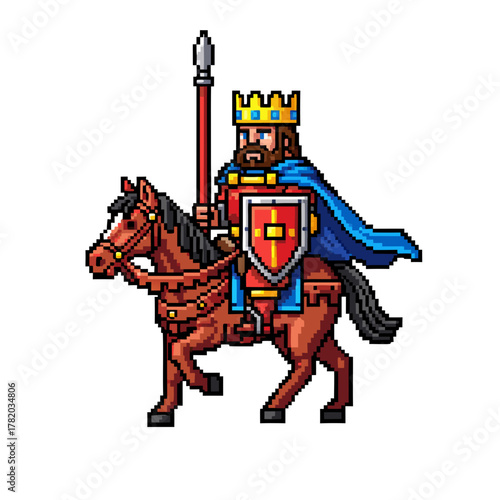 Pixel art character of a medieval king with a crown and spear riding a horse. 8-bit fantasy warrior icon for a retro video game