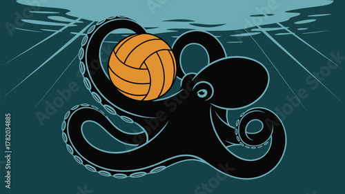 Underwater octopus playing with orange water polo ball in ocean depths for kids illustrations or marine life education, fun sea creature illustration