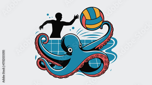 Fun octopus plays volleyball with a silhouette figure in a playful aquatic scene, perfect for summer activities, team sports and ocean themes