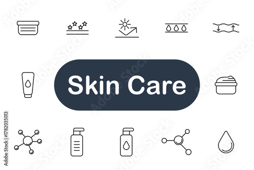 Skin Care set icon. Cream, serum, lotion, molecule, hydration, protection, elasticity, sunscreen, cleansing, beauty, moisture, cosmetic, treatment, glow, selfcare, freshness, rejuvenation, dermatology