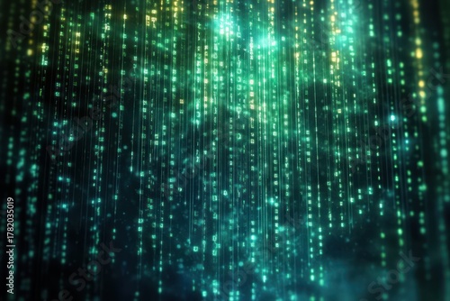 Glowing vertical streams of green and yellow digital code in a dark, mysterious environment evoking a futuristic, technological atmosphere