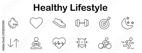 Healthy lifestyle set icon. Calorie icon, heart, shoe, dumbbell, target, moon stars, arrows, meditation, heartbeat, waistline, cycling, running in fitness line layout.