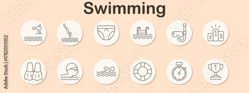 Swimming set icon. Dive, jump, swimwear, pool, snorkel, podium, fins, swimmer, lifebuoy, timer, trophy.