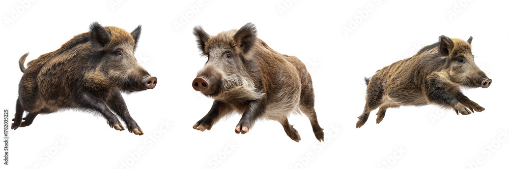 Naklejka premium Set of Adult wild boar in mid-run, captured in sharp detail on transparent png background. Ai generated