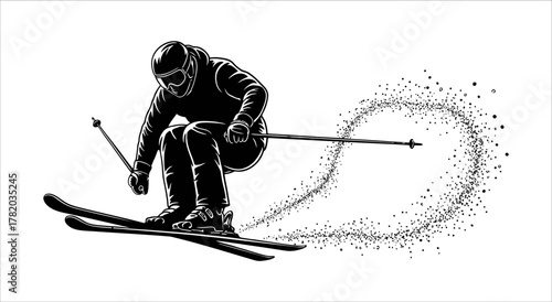 Skier Silhouette Vector in Mid Jump, Snow Spray, and Dynamic Winter Motion Scene