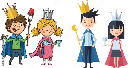 Children dressed as royalty, imaginative play, homemade costumes, crowns, capes, goblets, scepters, fantasy roleplay, creative kids, pretend king and queen
