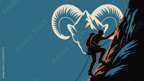 Conquer Your Goals Climbing Graphic with Bighorn Sheep Spirit, Adventure Awaits in the Mountains, Feel the Thrill of Achievement, Vector Design