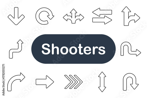 Shooters set icon. Arrow, direction, turn, path, route, guide, move, curve, navigation, change, orientation, control, flow, transport, way, straight, left, right, up, down