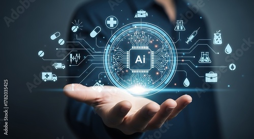 Wallpaper Mural Artificial intelligence in healthcare conceptual image featuring futuristic technology and medical icons with hand gesture Torontodigital.ca