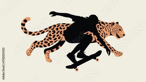 Dynamic skater riding a cheetah illustration with vibrant energy and powerful motion, perfect for edgy urban designs and modern branding projects