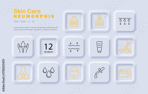 Skin care set icon. Icons depict hands, water drops, mask, dropper, cream jar, lotion bottle, serum roller, lab flask, elasticity line, hydration flow, and sparkle.