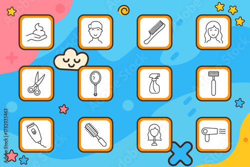 Hairdresser set icon. Comb, brush, scissors, razor, mirror, dryer, trimmer, spray, foam, hairstyle, male and female head elements for salon, grooming, care