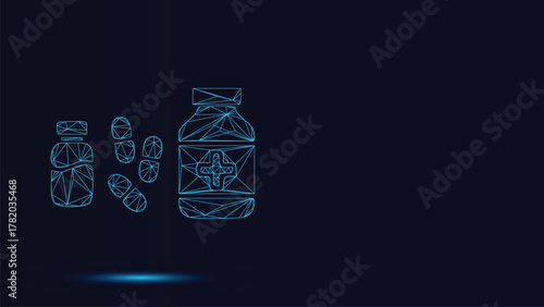 Futuristic Medical Polygons Vector Illustration of Pill Bottles and Capsule Tablets with a Geometric Mesh Design Ideal for Healthcare and Pharmaceutical Concepts