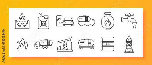Oil industry set icon. Barrel, oil, pump, gas, fire, tanker, pipeline, drop, refinery, truck, flame, energy, production, industry, transport, economy, drilling, petroleum, fuel, power