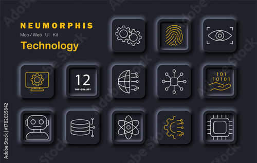 Technology set icon. Shows fingerprint, robot head, data cloud, binary, eye scan, gear, microchip, database, atom, network nodes, globe circuit, circuit gear, screen