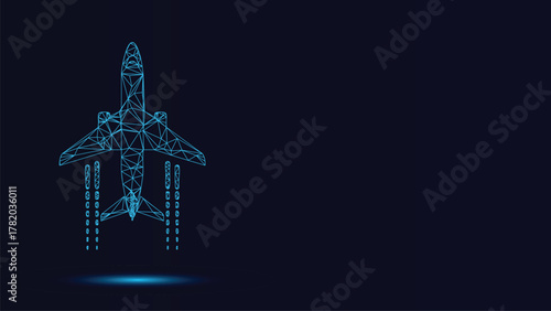 Modern Blue Wireframe Airplane Vector Illustration Isolated Over Dark Blue Background Geometric Polygonal Style Plane Design Aviation Technology Concept Transportation