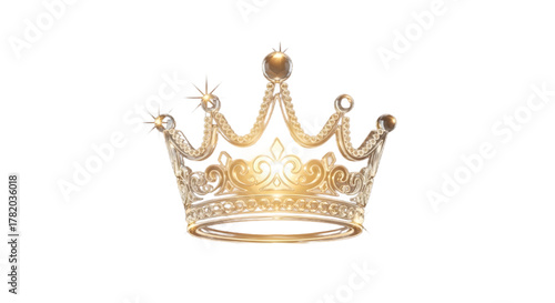 Golden crown with jewels and sparkles on white background  