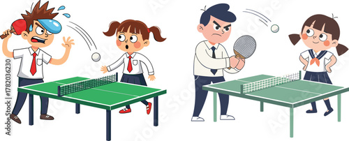 Children playing table tennis, sports activity, emotional reactions, ping pong game, teamwork, fun expression, competitive kids, paddle, ball, school uniform