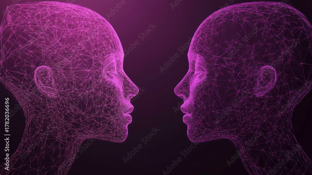 Obraz premium Abstract wireframe faces, side profile, in pink, facing each other