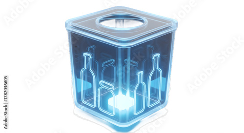 Recycling bin with glass bottles illuminated in a blue glow  