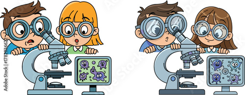 Children using microscope in science experiment, kids studying bacteria in laboratory, biology learning illustration, cartoon vector education concept, scientific research