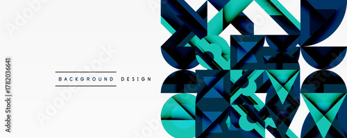 Abstract geometric shapes, blue tones dominate. Minimalist design with white space. Modern aesthetic, clean lines present.