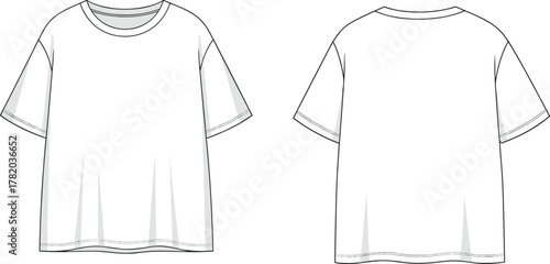 Short sleeve t-shirt front back view, crew neck tee fashion sketch, garment construction, cad drawing flat vector illustration, outline