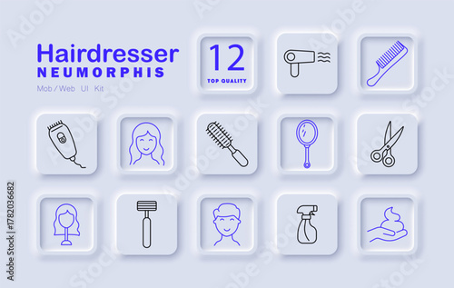 Hairdresser set icon. Clippers, dryer, scissors, mirror, razor, comb, brush, spray, mousse, hairstyle, man, woman, salon tools hair care equipment.