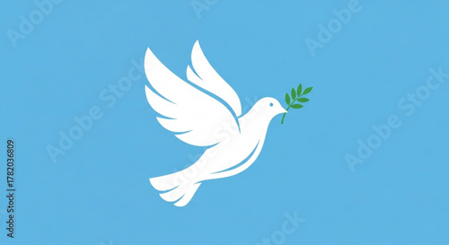 A white dove carrying an olive branch on a blue background a symbol of peace, hope, and reconciliation for various cultures