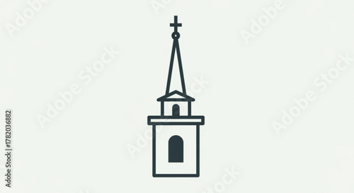 A minimalist line drawing of a church steeple with a cross, , offers a simple yet elegant representation of faith and worship