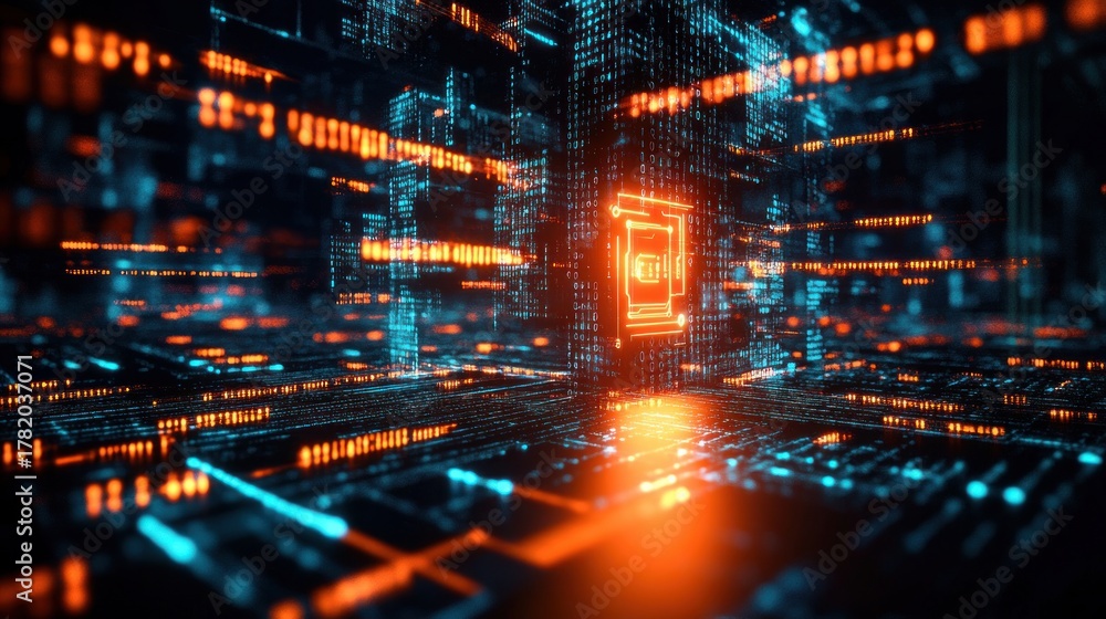 Fototapeta premium Futuristic digital circuit environment with glowing orange and blue code lines surrounding a central bright orange holographic square display, evoking a high-tech and immersive atmosphere