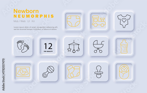 Newborn set icon. Thin-line icons show diaper, bottle, baby, stroller, socks, onesie, pacifier, feet, rattle, mobile, ultrasound image, and toy train in soft neumorphic style.