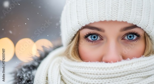 Wallpaper Mural Beautiful blonde woman wearing winter accessories with intense blue eyes in a snowy cold winter landscape scene Torontodigital.ca