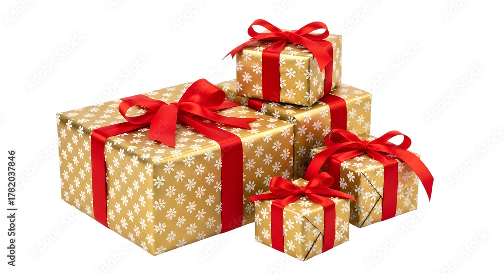 Obraz premium A stack of gold christmas gift boxes with white snowflake pattern and red ribbon, isolated on a transparent background