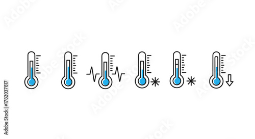Set of six minimalist linear thermometer icons illustrating temperature changes, including normal, fluctuating, freezing, and decreasing temperature, suitable for web, graphic design, apps, banners