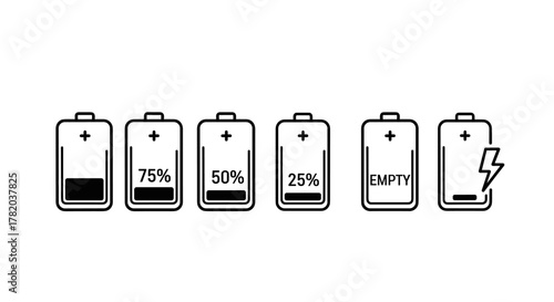Set of six black line art battery icons on a white background, illustrating different power levels from full to empty, including percentage indicators (75%, 50%, 25%) and a charging symbol