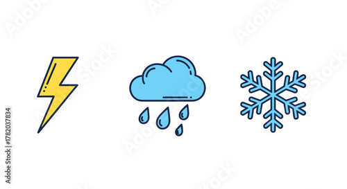 Vivid line icon collection featuring lightning, rain, and snow, presented as outline signs. This versatile vector cartoon illustration is perfect for graphic and web design, mobile apps