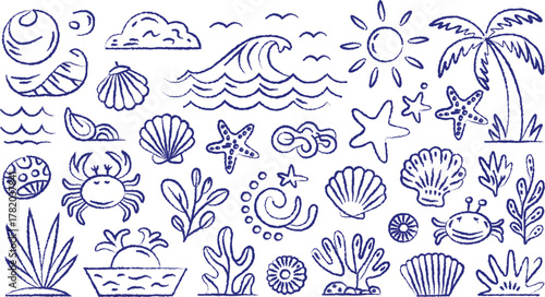 Playful blue crayon drawing of ocean life and beach elements set.