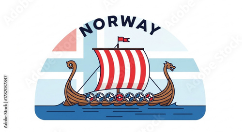 Illustration of a viking ship with a sail in the colors of the norwegian flag, sailing on blue waves