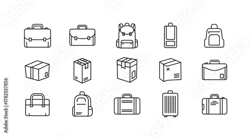 Collection of line icons representing various types of bags and packages, including briefcases, backpacks, and luggage, suitable for graphic and web design, apps, adverts, and various cards. This