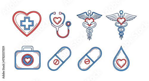 Set of medical icons with heart and cross symbols, caduceus, stethoscope, first aid kit, pills, and blood drop, representing healthcare, love, and wellness. Clean vector cartoon illustration with
