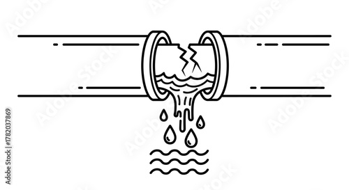 Broken pipe with water leaking out, depicted as a simple outline line icon. This graphic represents plumbing issues, leaks, and water damage, suitable for web design, app interfaces, advertising, and